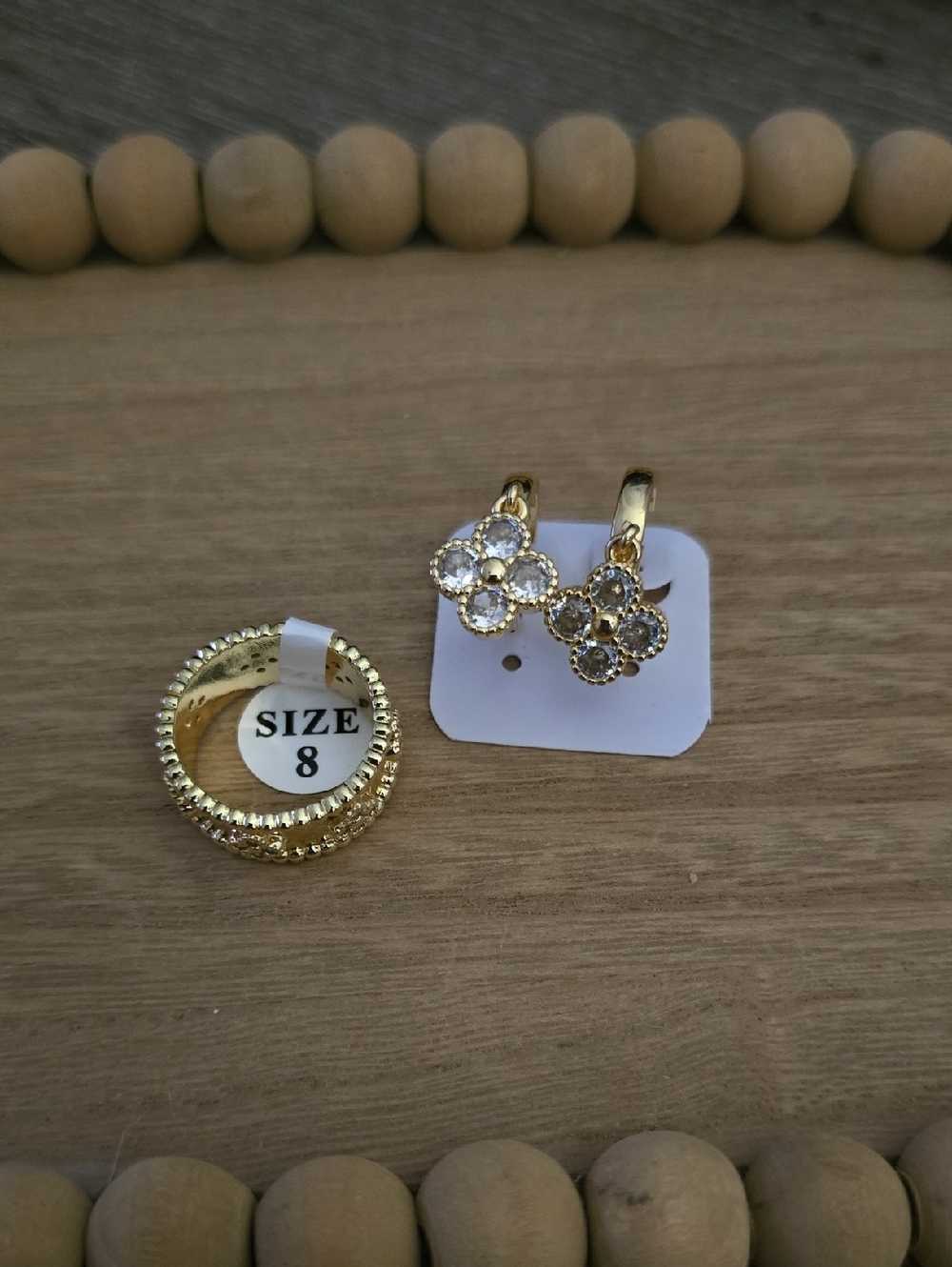 Gold Crystal Flower Hoop Earrings and Stacked Ring Set - Size 8
